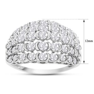 2 Carat Five Row Diamond Ring In White Gold. Fabulous Wide Fiery Diamond Band Ring.