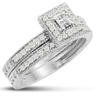 Amazing Engraved Vintage 1/2 Carat Princess Bridal Set In Solid 14K Gold