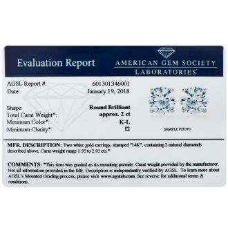 CLOSEOUT! 2 Carat Diamond Stud Earrings In 14 Karat White Gold, AGS Certified