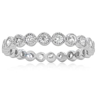 Estate Jewelry 3/8 Carat Round Diamond Eternity Ring In 14 Karat White Gold, With Milgrain Bezel, Ring Size 4