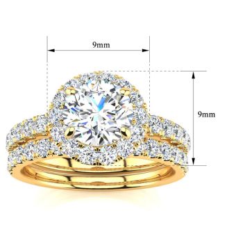 1 1/2 Carat Round Floating Halo Diamond ENGAGEMENT RING  in 14k Yellow Gold. Our Most Popular 2 Carat Round Bridal Set!