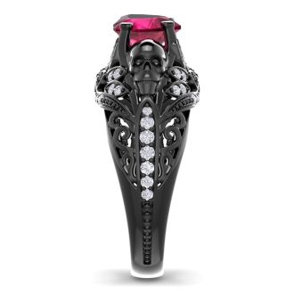 2 Carat Heart Shape Ruby and Diamond Ring With Skulls In Black Rhodium