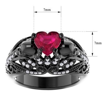 2 Carat Heart Shape Ruby and Diamond Ring With Skulls In Black Rhodium