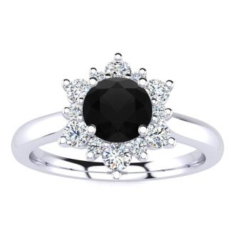 1 1/2 Carat Round Shape Flower Halo Black Moissanite Engagement Ring In 14K White Gold