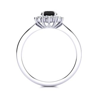1 1/2 Carat Round Shape Flower Halo Black Moissanite Engagement Ring In 14K White Gold