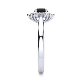 1 1/2 Carat Round Shape Flower Halo Black Moissanite Engagement Ring In 14K White Gold