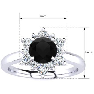 1 1/2 Carat Round Shape Flower Halo Black Moissanite Engagement Ring In 14K White Gold