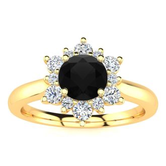1 1/2 Carat Round Shape Flower Halo Black Moissanite Engagement Ring In 14K Yellow Gold