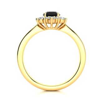 1 1/2 Carat Round Shape Flower Halo Black Moissanite Engagement Ring In 14K Yellow Gold
