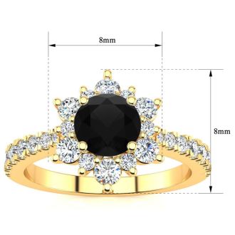 2 Carat Round Shape Flower Halo Black Moissanite Engagement Ring In 14K Yellow Gold
