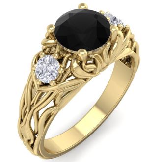 1 1/4 Carat Round Shape Black Moissanite Intricate Vine Engagement Ring In 14 Karat Yellow Gold