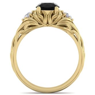 1 1/4 Carat Round Shape Black Moissanite Intricate Vine Engagement Ring In 14 Karat Yellow Gold