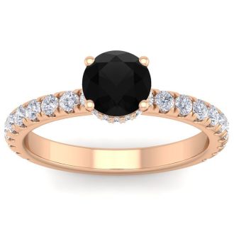 1 1/2 Carat Round Shape Hidden Halo Black Moissanite Engagement Ring In 14 Karat Rose Gold