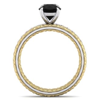 1 1/2 Carat Round Shape Black Moissanite Bridal Set In Quilted 14 Karat White and Yellow Gold