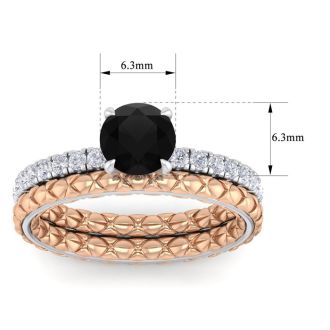 1 1/2 Carat Round Shape Black Moissanite Bridal Set In Quilted 14 Karat White and Rose Gold