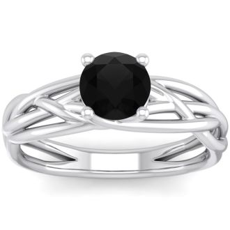 1 Carat Round Black Moissanite Solitaire Intricate Vine Engagement Ring In 14 Karat White Gold
