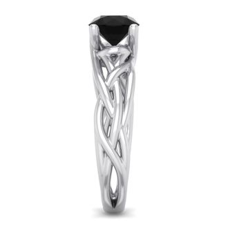 1 Carat Round Black Moissanite Solitaire Intricate Vine Engagement Ring In 14 Karat White Gold