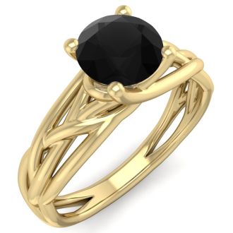 1 Carat Round Black Moissanite Solitaire Intricate Vine Engagement Ring In 14 Karat Yellow Gold