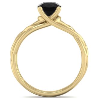 1 Carat Round Black Moissanite Solitaire Intricate Vine Engagement Ring In 14 Karat Yellow Gold
