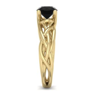 1 Carat Round Black Moissanite Solitaire Intricate Vine Engagement Ring In 14 Karat Yellow Gold