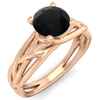 1 Carat Round Black Moissanite Solitaire Intricate Vine Engagement Ring In 14 Karat Rose Gold