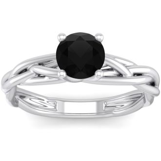 1 Carat Round Black Moissanite Solitaire Intricate Vine Engagement Ring With Tapered Band In 14 Karat White Gold