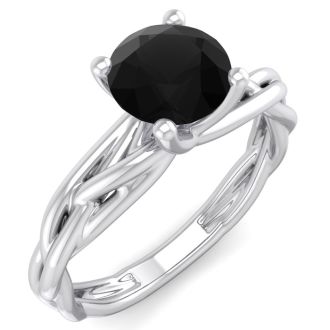 1 Carat Round Black Moissanite Solitaire Intricate Vine Engagement Ring With Tapered Band In 14 Karat White Gold