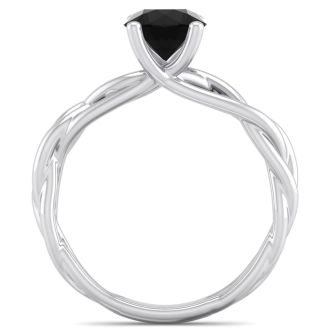 1 Carat Round Black Moissanite Solitaire Intricate Vine Engagement Ring With Tapered Band In 14 Karat White Gold