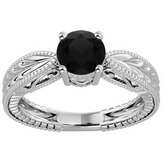1 Carat Black Moissanite Solitaire Engagement Ring with Tapered Etched Band In 14 Karat White Gold