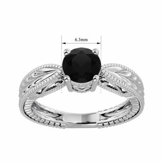 1 Carat Black Moissanite Solitaire Engagement Ring with Tapered Etched Band In 14 Karat White Gold