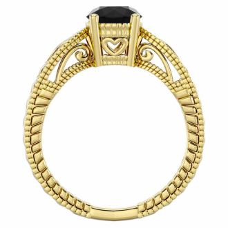 1 Carat Black Moissanite Solitaire Engagement Ring with Tapered Etched Band In 14 Karat Yellow Gold