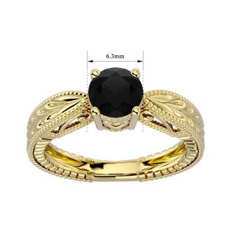 1 Carat Black Moissanite Solitaire Engagement Ring with Tapered Etched Band In 14 Karat Yellow Gold