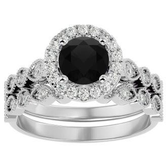 1 1/2 Carat Halo Black Moissanite Bridal Set In 14 Karat White Gold