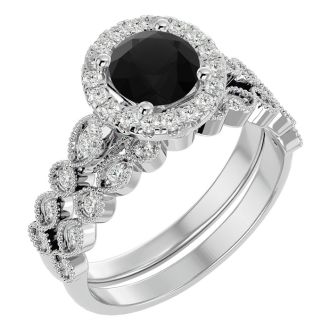 1 1/2 Carat Halo Black Moissanite Bridal Set In 14 Karat White Gold