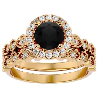 1 1/2 Carat Halo Black Moissanite Bridal Set In 14 Karat Yellow Gold