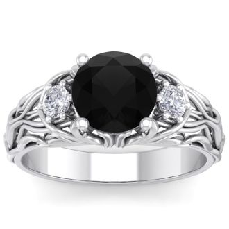 2 1/4 Carat Round Shape Black Moissanite Intricate Vine Engagement Ring In 14 Karat White Gold
