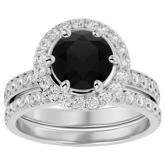 3 Carat Black Moissanite Halo Bridal Set In 14 Karat White Gold With 2 Carat Center Black Moissanite
