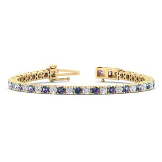 12 1/2 Carat Mystic Topaz and Diamond Tennis Bracelet In 14 Karat Yellow Gold, 8 1/2 Inches