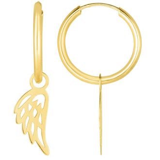 14 Karat Yellow Gold Angel Wing Dangle Hoop Earrings, 1 Inch