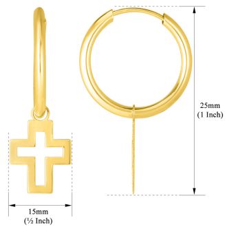 14 Karat Yellow Gold Cross Dangle Hoop Earrings, 1 Inch