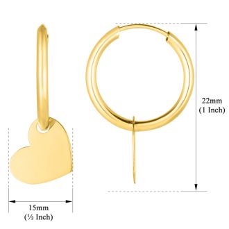 14 Karat Yellow Gold Heart Dangle Hoop Earrings, 1 Inch