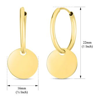 14 Karat Yellow Gold Circle Dangle Hoop Earrings, 1 Inch
