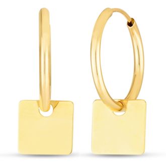 14 Karat Yellow Gold Square Dangle Hoop Earrings, 1 Inch