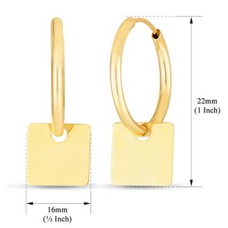 14 Karat Yellow Gold Square Dangle Hoop Earrings, 1 Inch