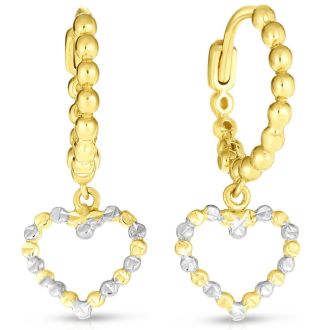 14 Karat Yellow Gold Heart Drop Earrings, 1 Inch