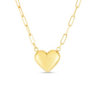 14 Karat Yellow Gold Puffed Heart Paperclip Chain Necklace, 18 Inches