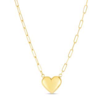 14 Karat Yellow Gold Puffed Heart Paperclip Chain Necklace, 18 Inches