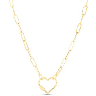 14 Karat Yellow Gold Heart Paperclip Chain Necklace, 18 Inches
