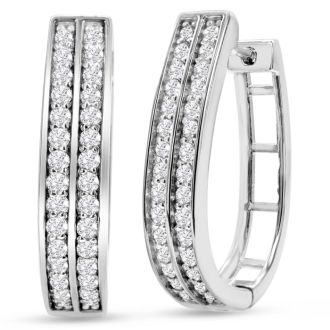 1ct Diamond Two Row Hoop Earrings In Sterling Silver, 3/4 Inch