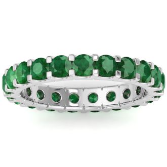 2 Carat Round Emerald Eternity Ring In 14 Karat White Gold, Ring Size 4